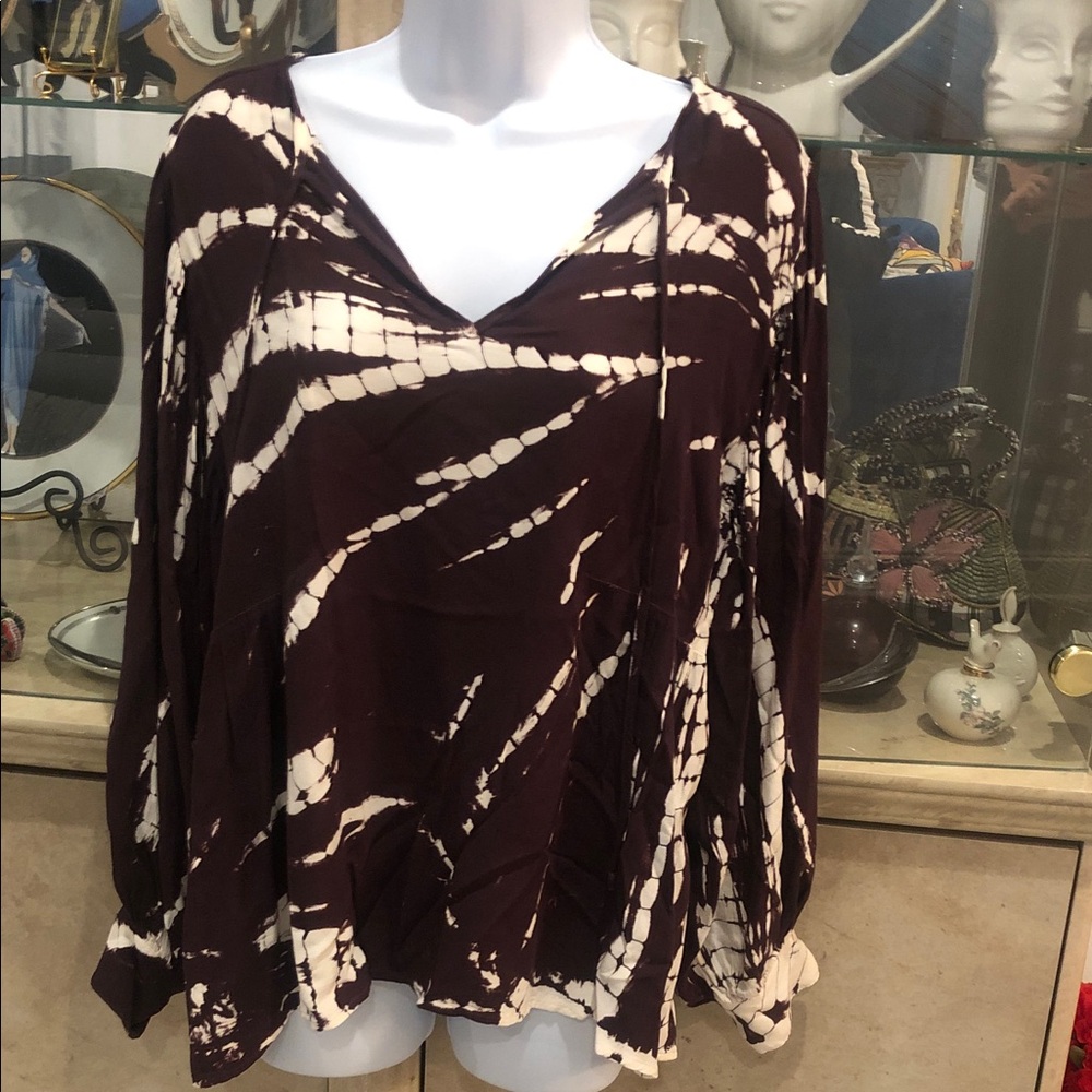 Young Fabulous & Broke Brown and Cream Women's Blouse, V-neck flowy sleeves sz S